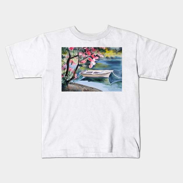 Boat on the lake Kids T-Shirt by Ala Lopatniov